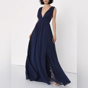 LULUS Maxi Dress Heavenly Hues Navy Blue Side Slit Georgette V Neck Size XS NEW